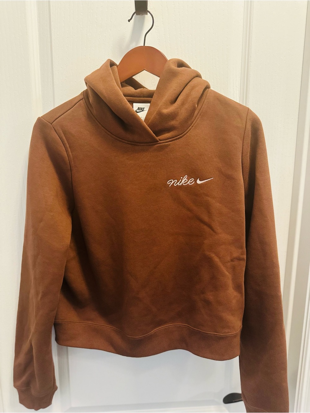 Nike Brown Cropped Hoodie with White Script Swoosh